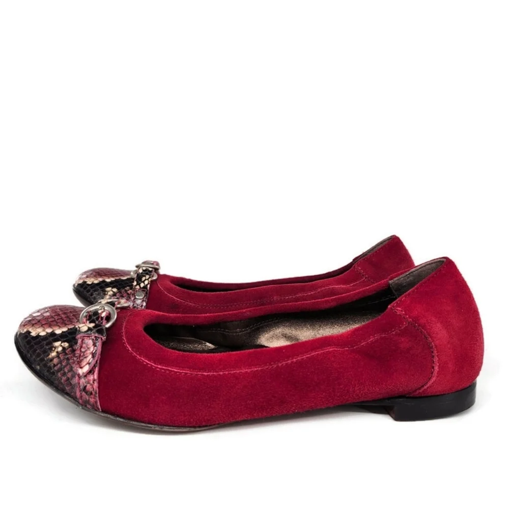 Attilio Giusti Leombruni Monika Dark Red Suede Snake Print Cap Toe Ballet Flats